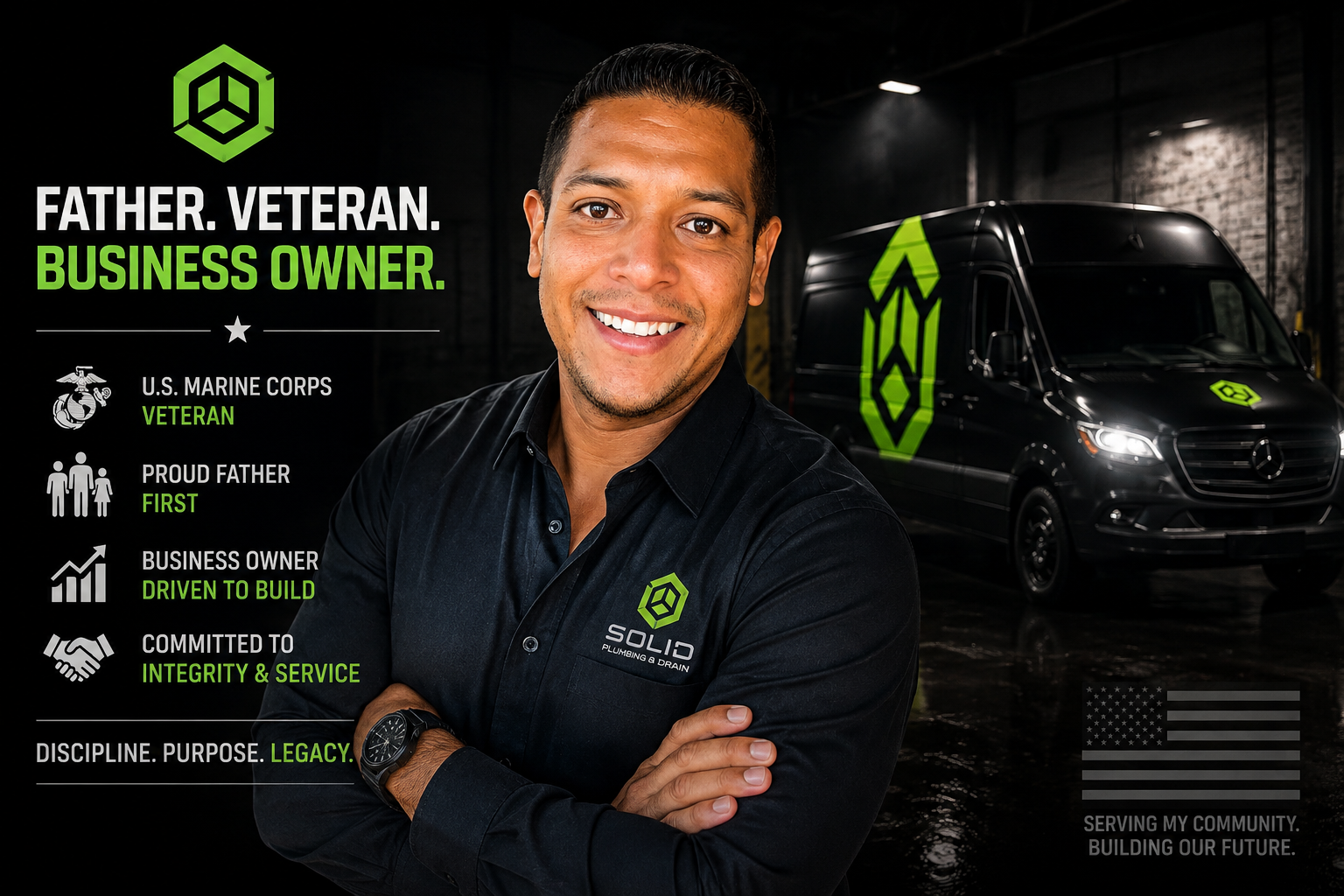 Jorge Ramirez, owner of SOLID Plumbing & Drain, U.S. Marine Corps veteran and father, with a SOLID service van